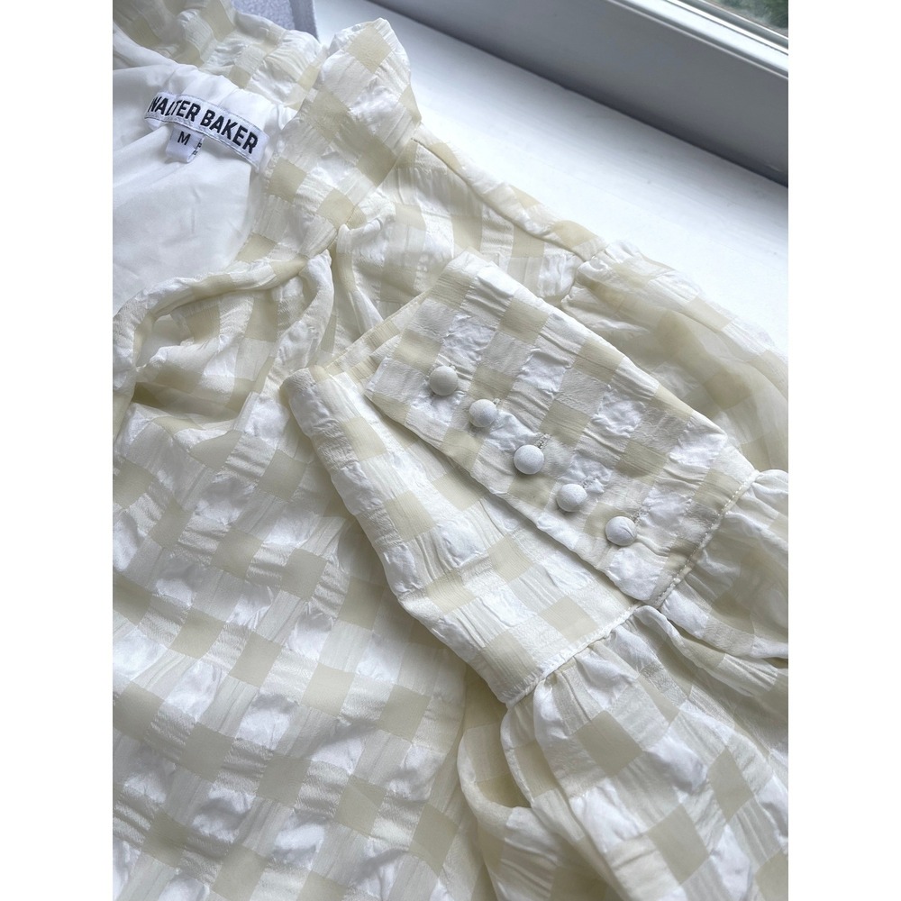 Walter Baker Beige Gingham Tie Neck Ruffle Mini Dress W71243 Womens Medium - Picture 2 of 8